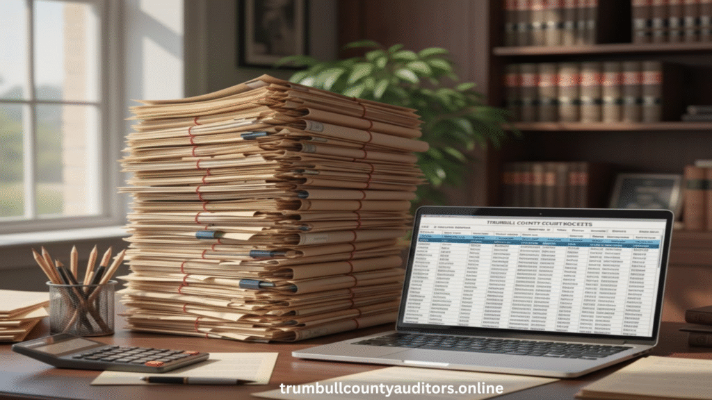 Trumbull County Court Docket Records On An Office Desk
