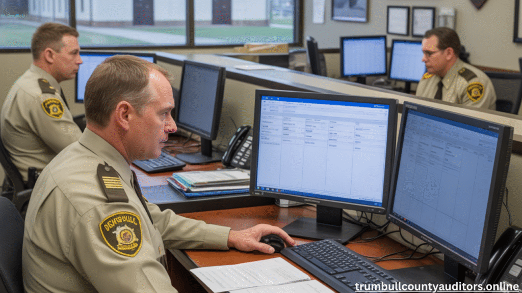Trumbull County Jail Staff Reviewing Inmate Records On Computers
