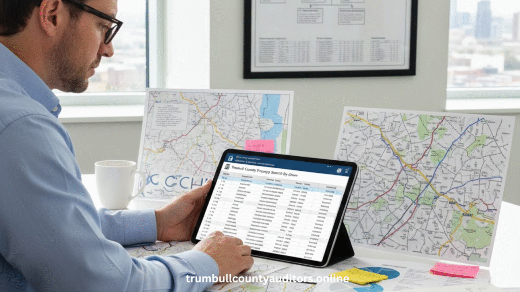 Real Estate Investor Analyzing Property Title Data On A Tablet Within A Modern Trumbull County Workspace