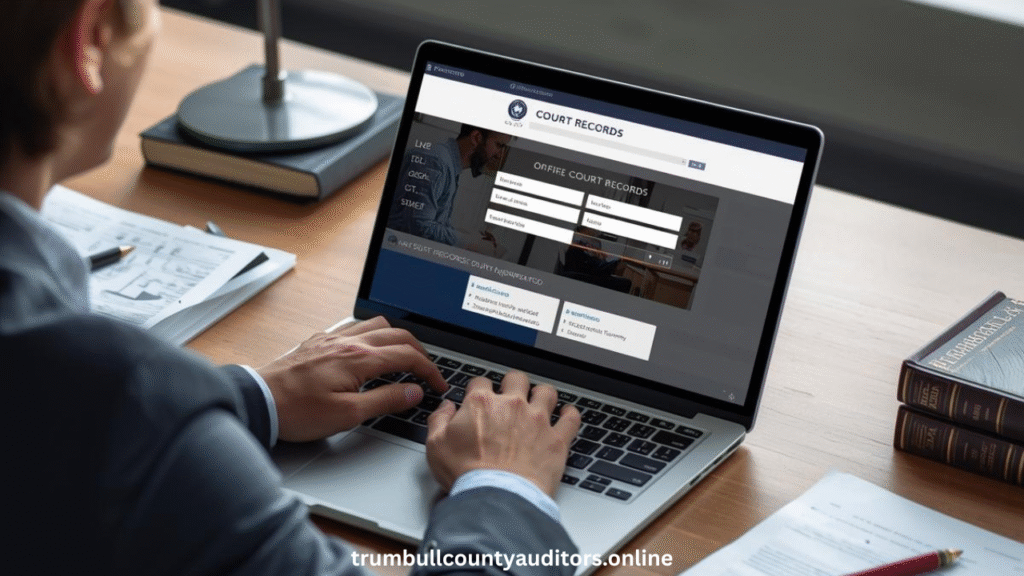 Trumbull County Court Records Online At Desk With Laptop And Legal Documents